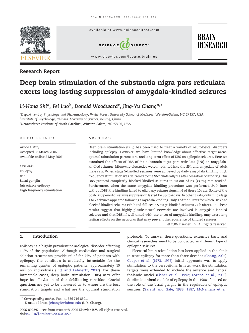 Deep brain stimulation of the substantia nigra pars reticulata exerts long lasting suppression of amygdala-kindled seizures