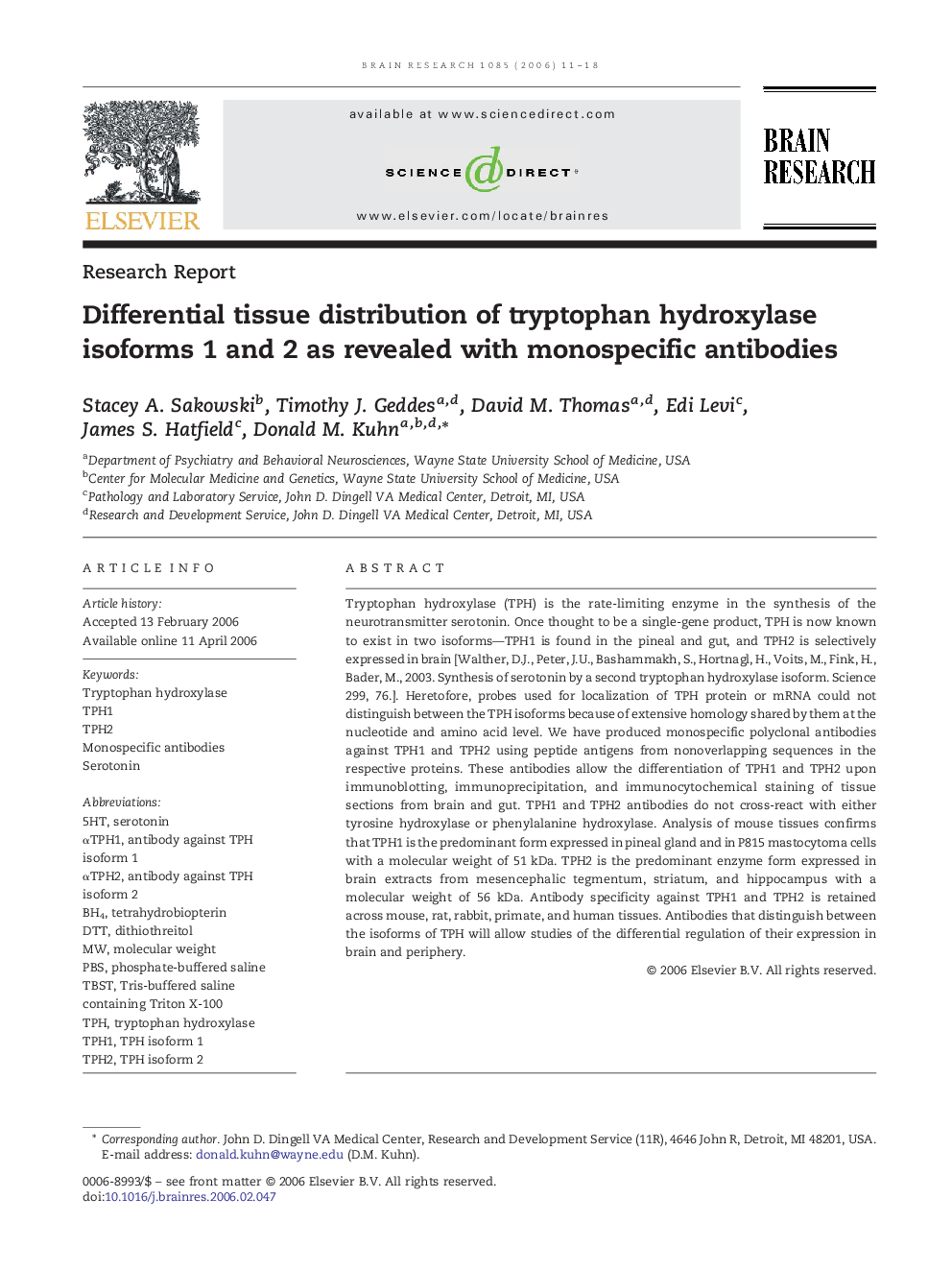 Differential tissue distribution of tryptophan hydroxylase isoforms 1 and 2 as revealed with monospecific antibodies