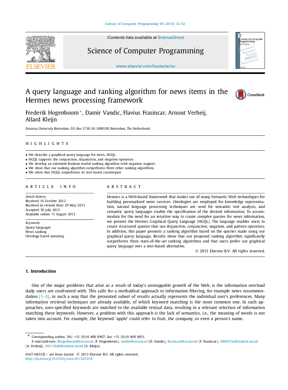 A query language and ranking algorithm for news items in the Hermes news processing framework