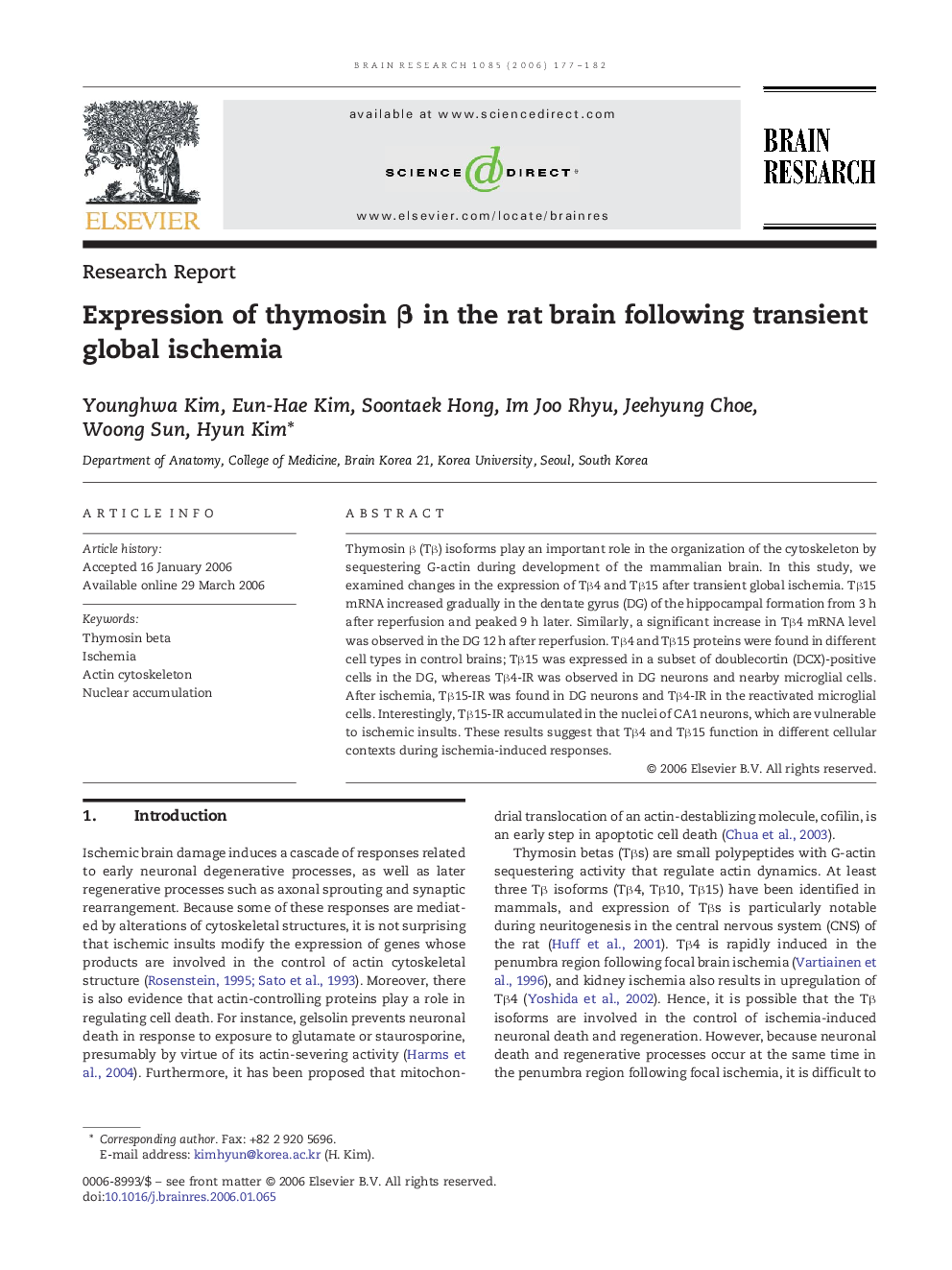 Expression of thymosin Î² in the rat brain following transient global ischemia