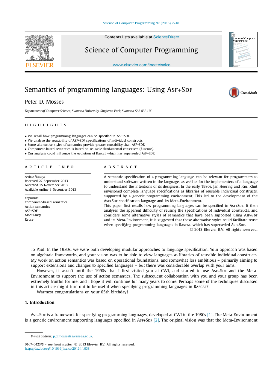 عکس صفحه اول مقاله: Semantics of programming languages: Using Asf+Sdf Semantics of programming languages: Using Asf+Sdf