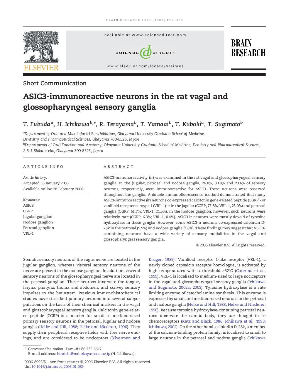 ASIC3-immunoreactive neurons in the rat vagal and glossopharyngeal sensory ganglia