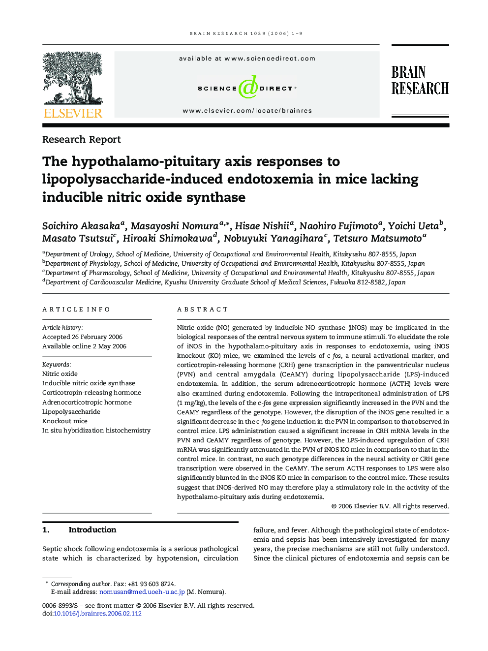 The hypothalamo-pituitary axis responses to lipopolysaccharide-induced endotoxemia in mice lacking inducible nitric oxide synthase