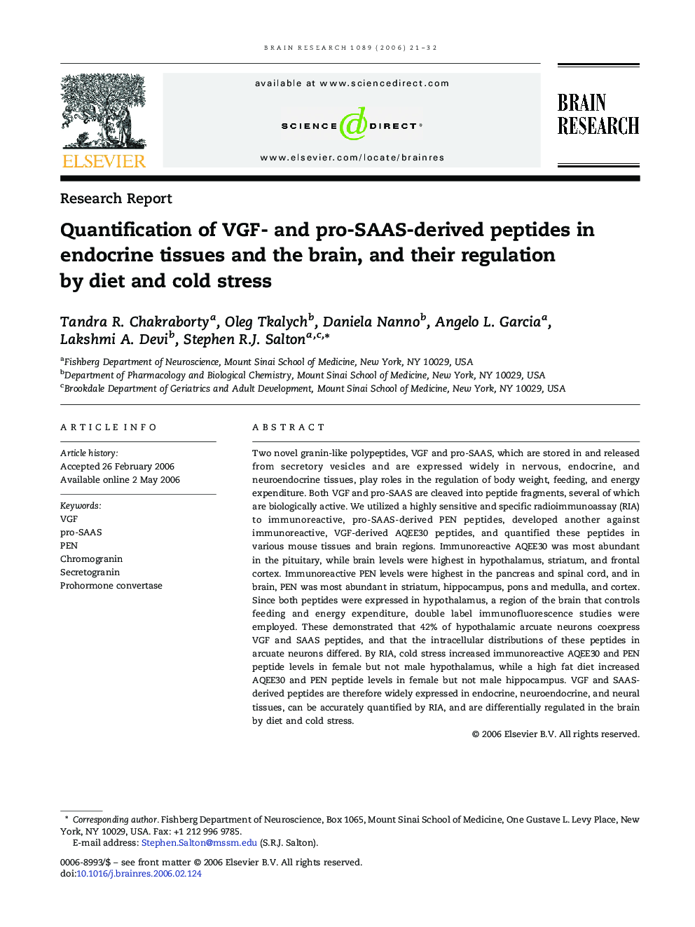 Quantification of VGF- and pro-SAAS-derived peptides in endocrine tissues and the brain, and their regulation by diet and cold stress
