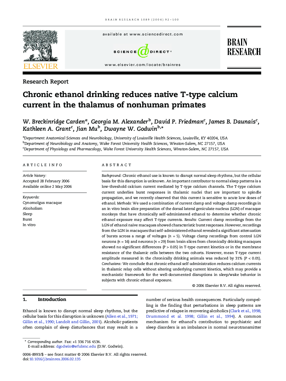 Chronic ethanol drinking reduces native T-type calcium current in the thalamus of nonhuman primates