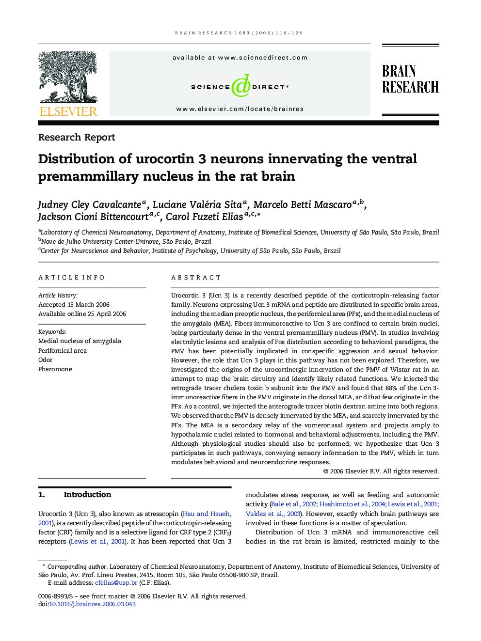 Distribution of urocortin 3 neurons innervating the ventral premammillary nucleus in the rat brain