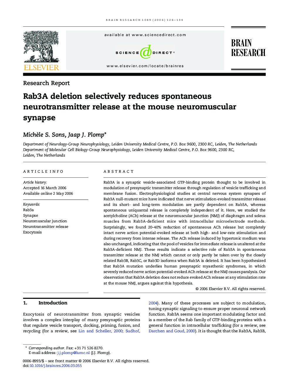 Rab3A deletion selectively reduces spontaneous neurotransmitter release at the mouse neuromuscular synapse