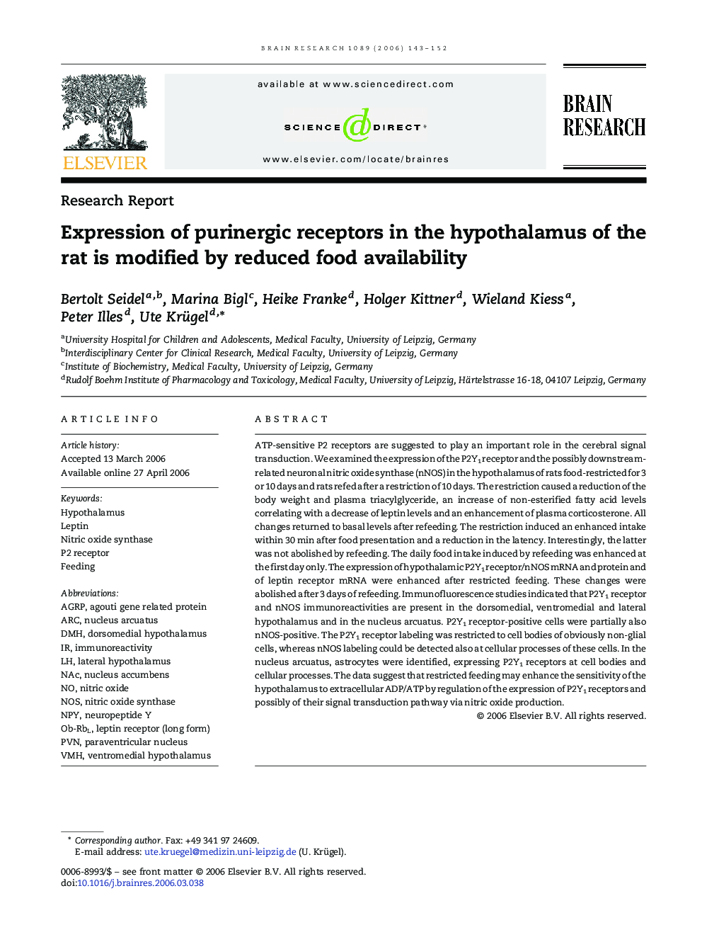 Expression of purinergic receptors in the hypothalamus of the rat is modified by reduced food availability