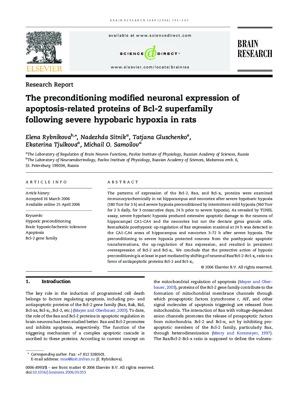 The preconditioning modified neuronal expression of apoptosis-related proteins of Bcl-2 superfamily following severe hypobaric hypoxia in rats