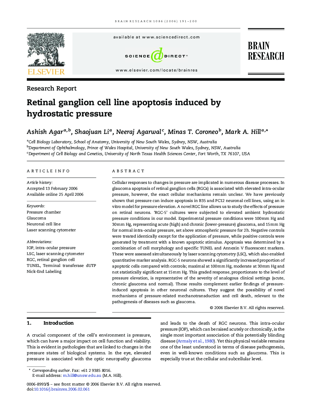 Retinal ganglion cell line apoptosis induced by hydrostatic pressure