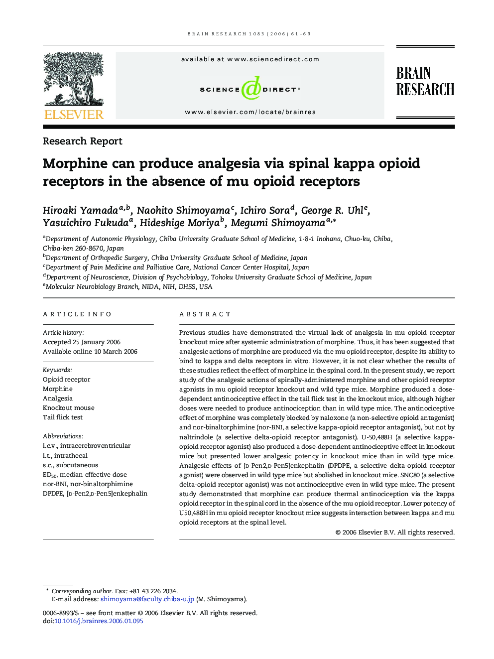 Morphine can produce analgesia via spinal kappa opioid receptors in the absence of mu opioid receptors