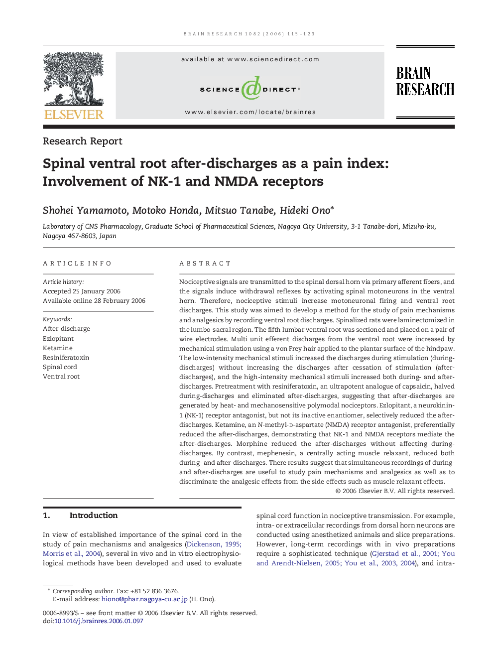 Spinal ventral root after-discharges as a pain index: Involvement of NK-1 and NMDA receptors