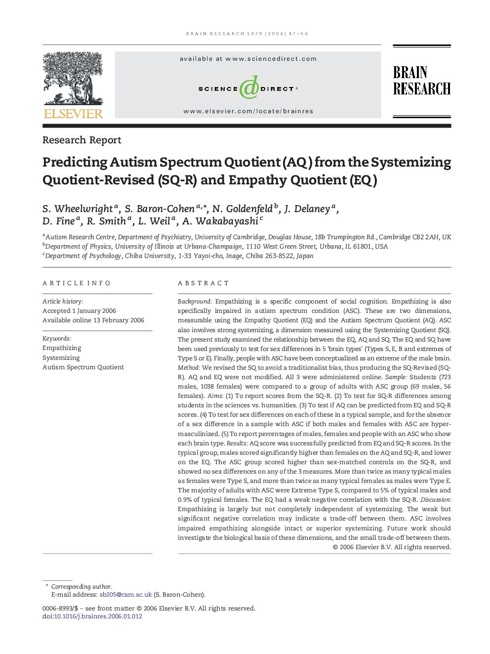 Predicting Autism Spectrum Quotient (AQ) from the Systemizing Quotient-Revised (SQ-R) and Empathy Quotient (EQ)