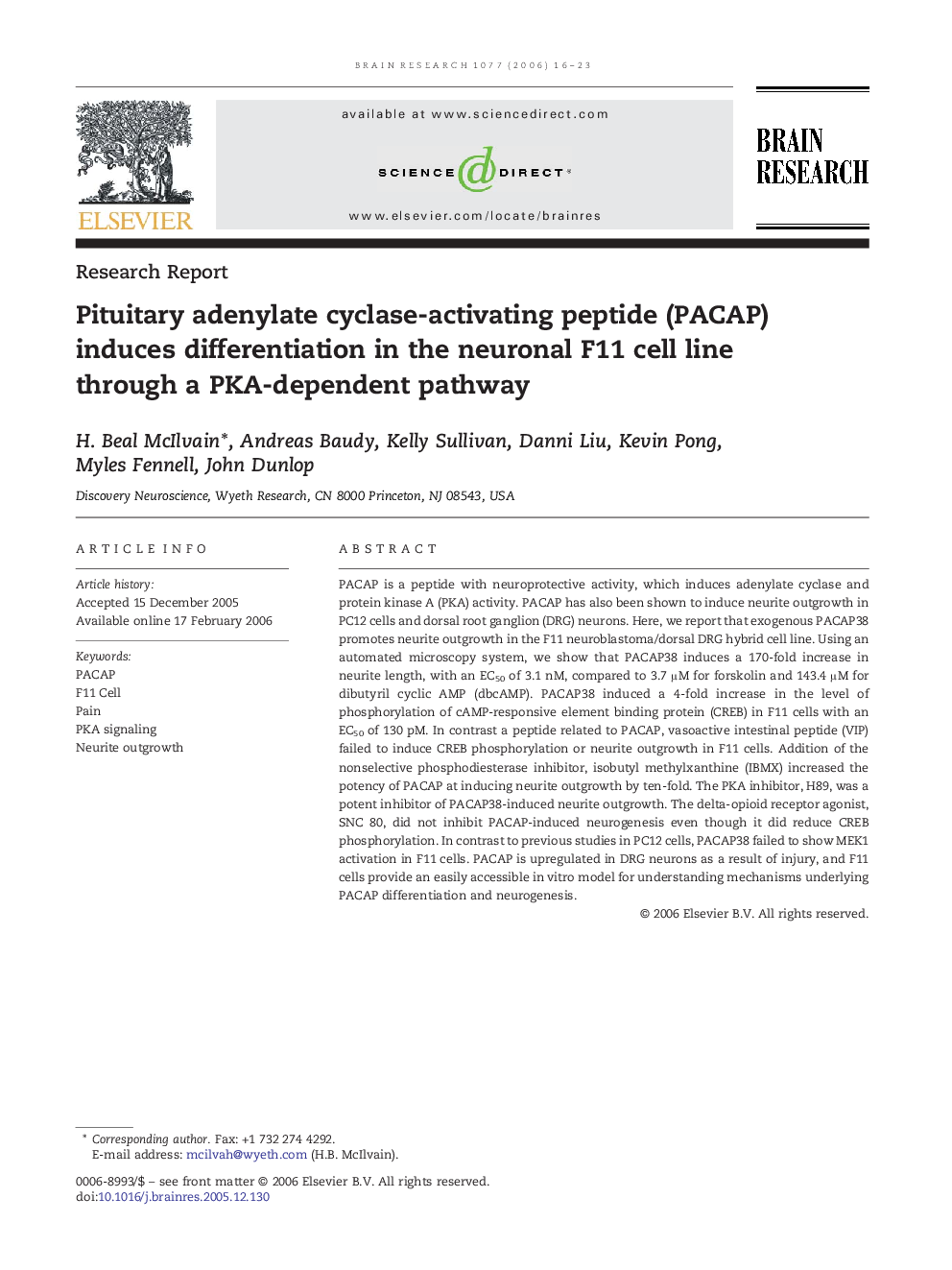 Pituitary adenylate cyclase-activating peptide (PACAP) induces differentiation in the neuronal F11 cell line through a PKA-dependent pathway