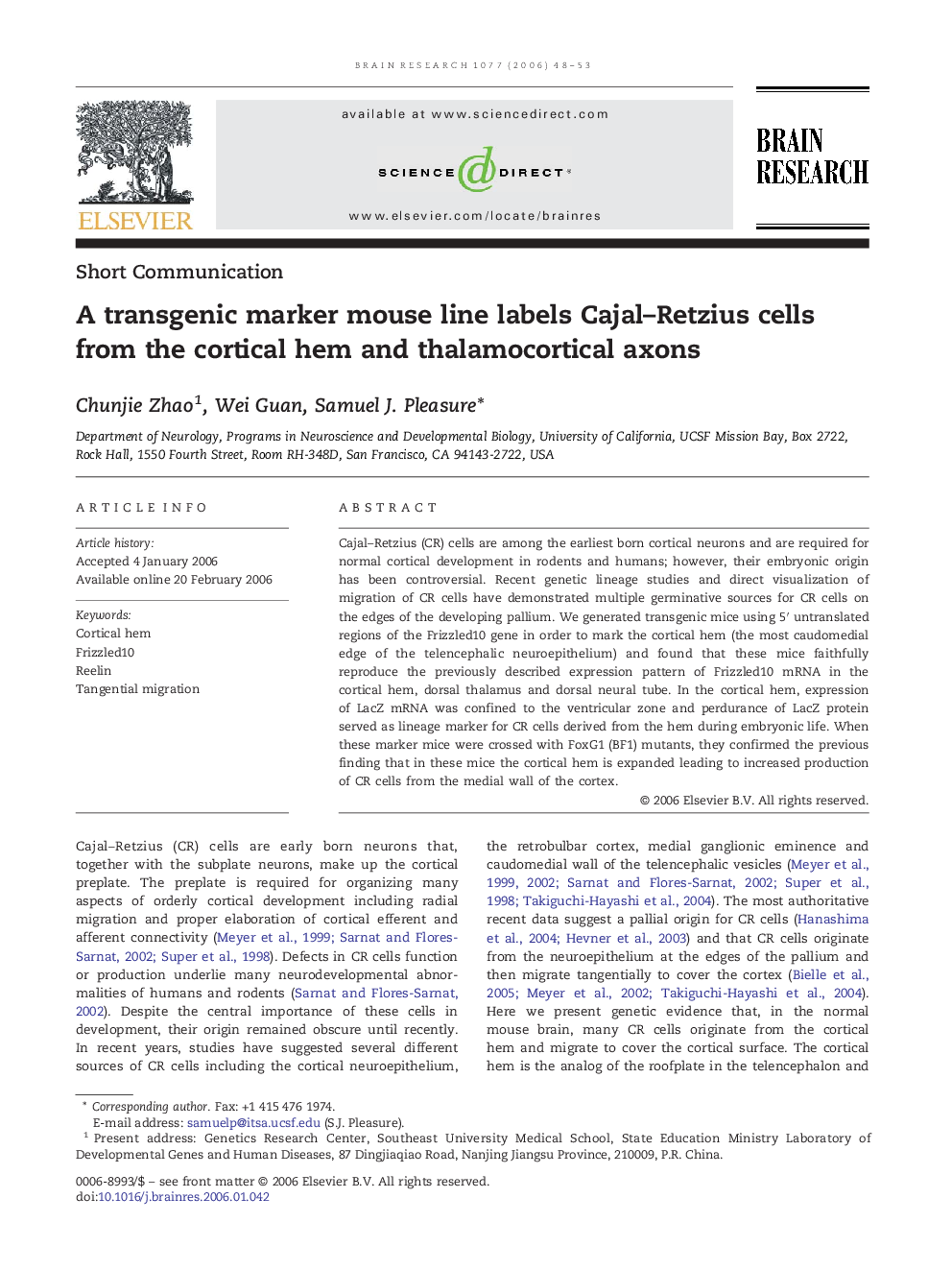 A transgenic marker mouse line labels Cajal–Retzius cells from the cortical hem and thalamocortical axons