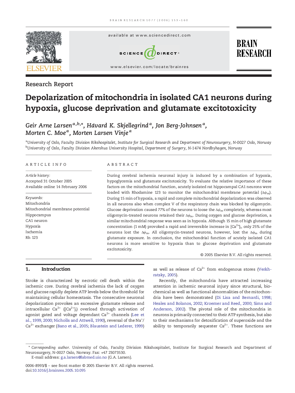 Depolarization of mitochondria in isolated CA1 neurons during hypoxia, glucose deprivation and glutamate excitotoxicity