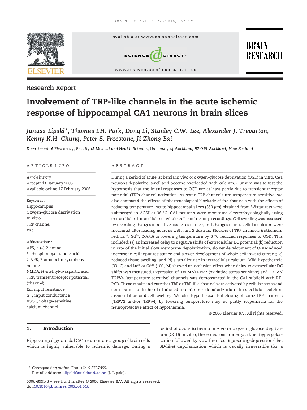 Involvement of TRP-like channels in the acute ischemic response of hippocampal CA1 neurons in brain slices