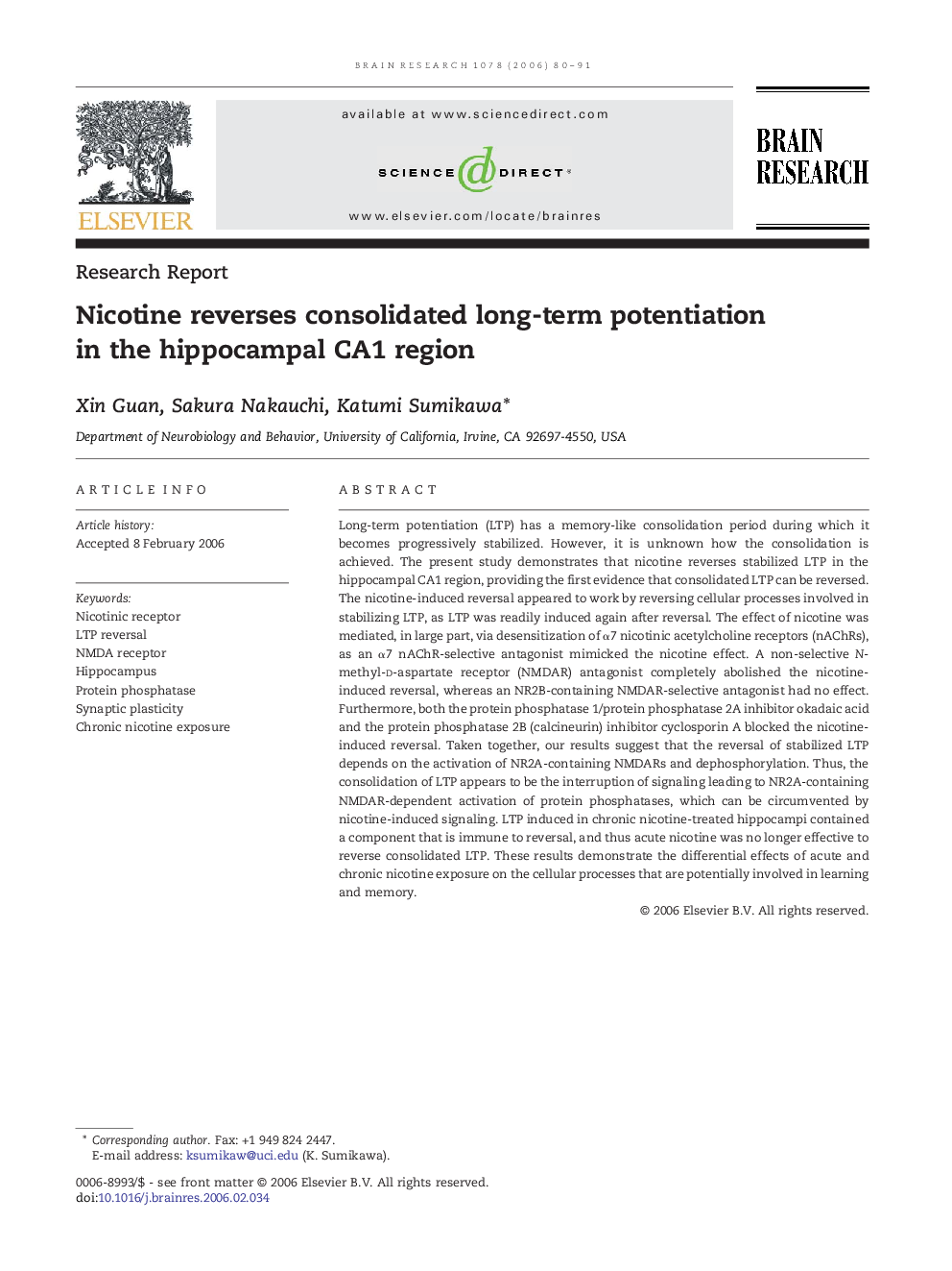 Nicotine reverses consolidated long-term potentiation in the hippocampal CA1 region