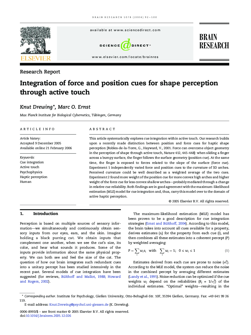 Integration of force and position cues for shape perception through active touch