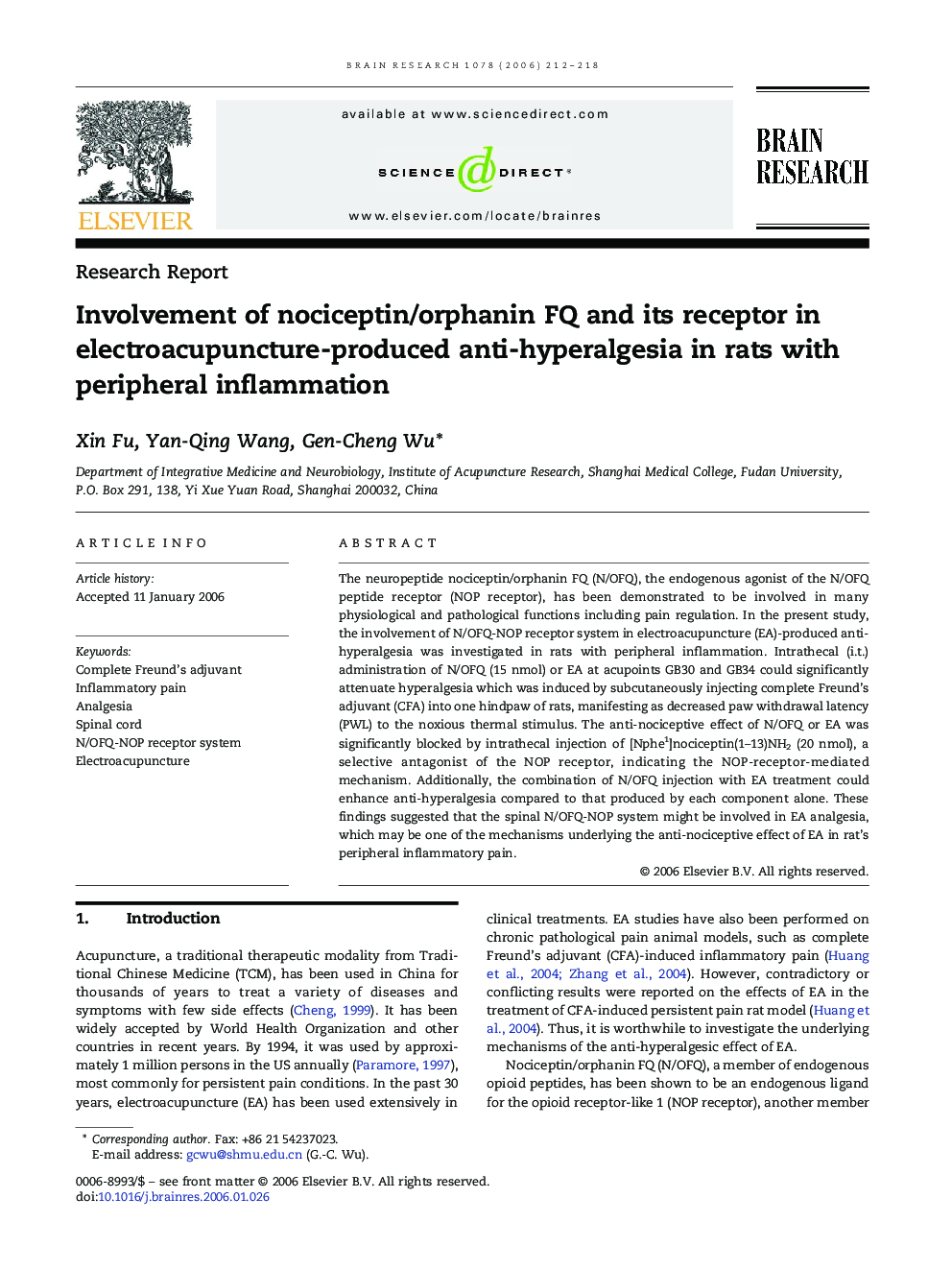 Involvement of nociceptin/orphanin FQ and its receptor in electroacupuncture-produced anti-hyperalgesia in rats with peripheral inflammation