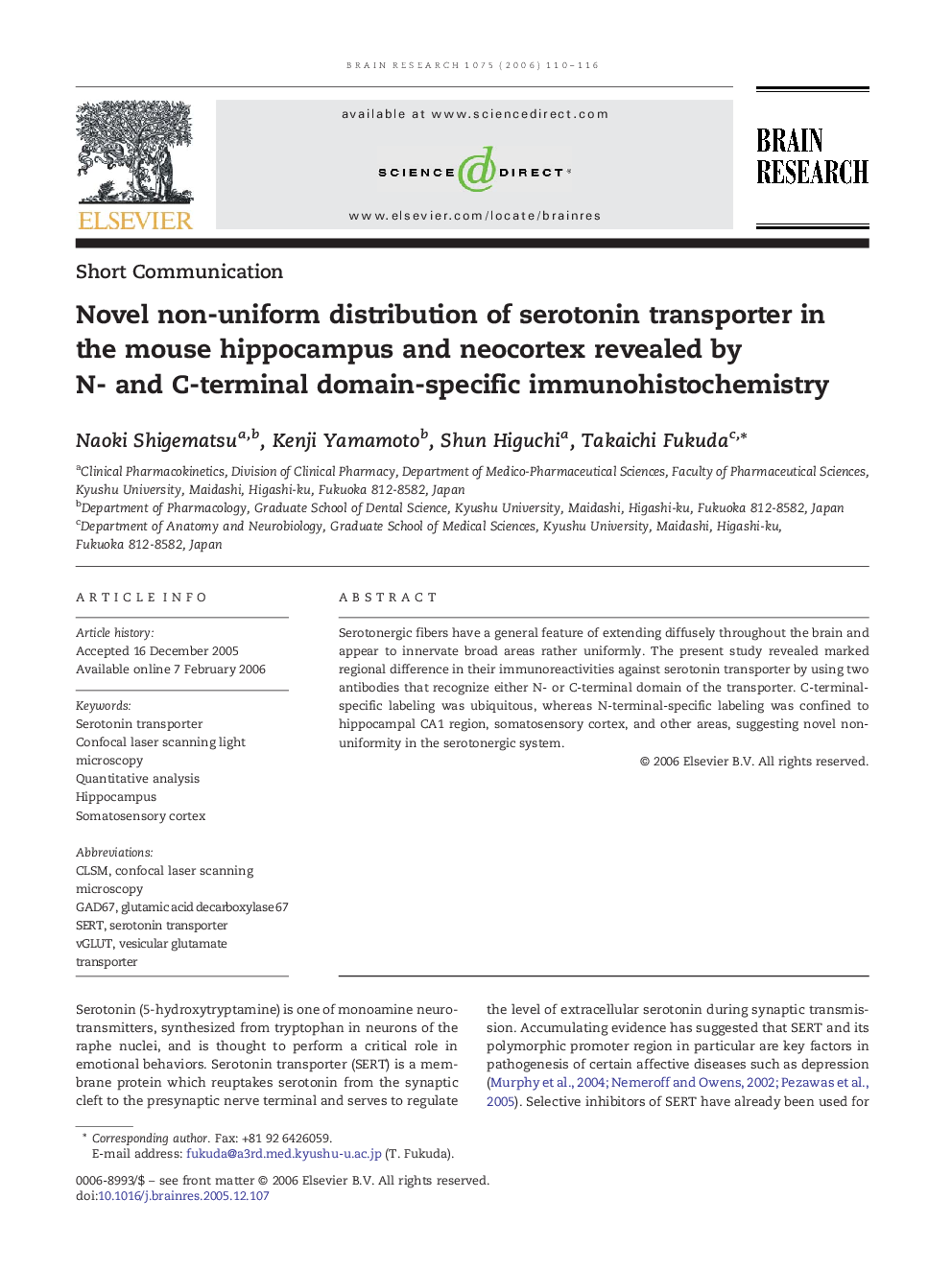 Novel non-uniform distribution of serotonin transporter in the mouse hippocampus and neocortex revealed by N- and C-terminal domain-specific immunohistochemistry