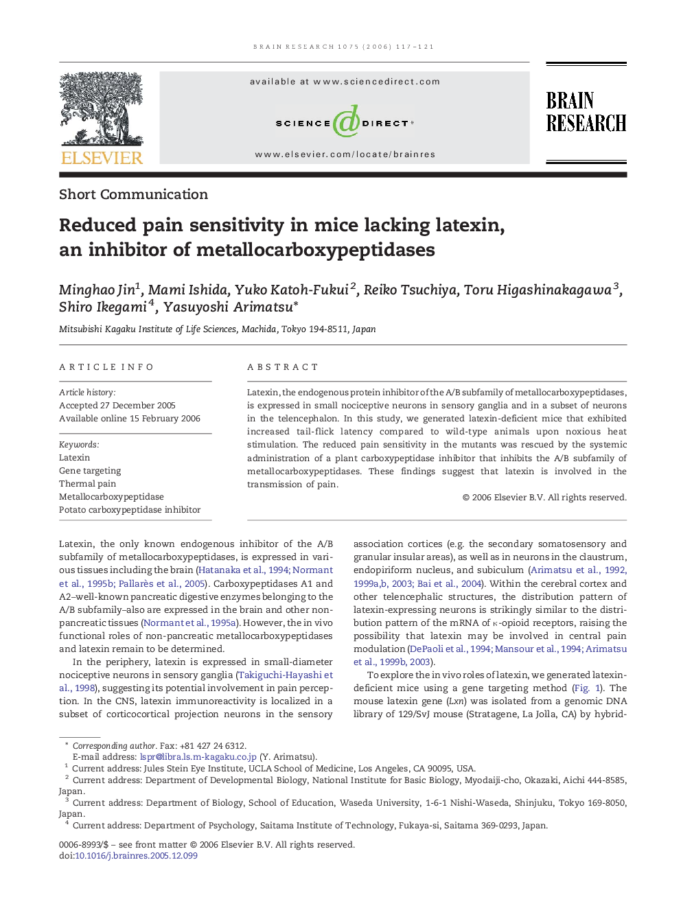 Reduced pain sensitivity in mice lacking latexin, an inhibitor of metallocarboxypeptidases