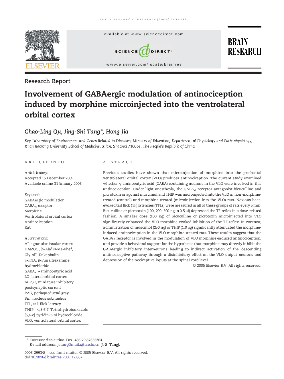 Involvement of GABAergic modulation of antinociception induced by morphine microinjected into the ventrolateral orbital cortex