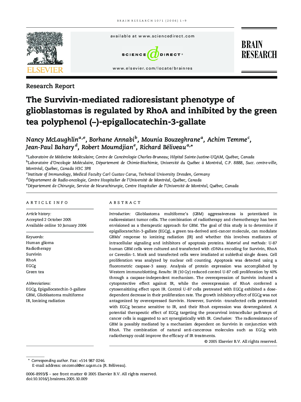 The Survivin-mediated radioresistant phenotype of glioblastomas is regulated by RhoA and inhibited by the green tea polyphenol (−)-epigallocatechin-3-gallate