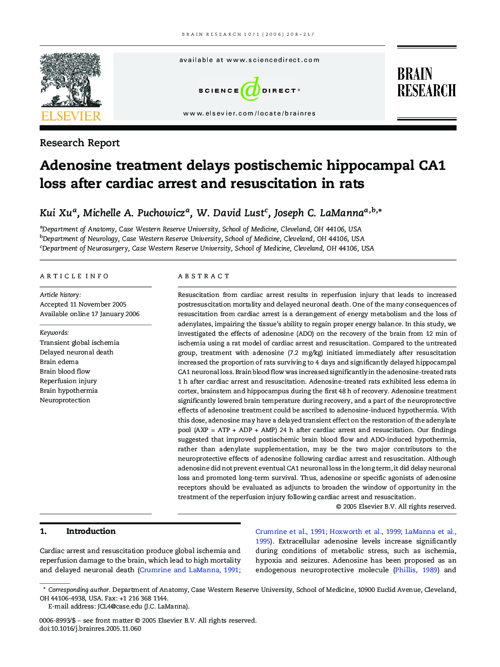 Adenosine treatment delays postischemic hippocampal CA1 loss after cardiac arrest and resuscitation in rats