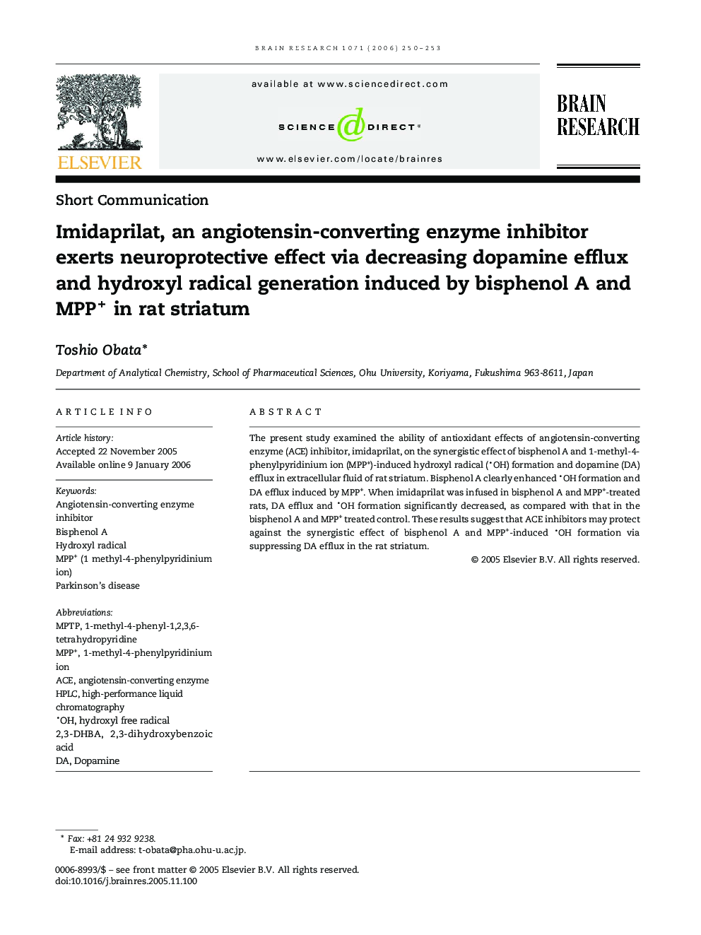 Imidaprilat, an angiotensin-converting enzyme inhibitor exerts neuroprotective effect via decreasing dopamine efflux and hydroxyl radical generation induced by bisphenol A and MPP+ in rat striatum