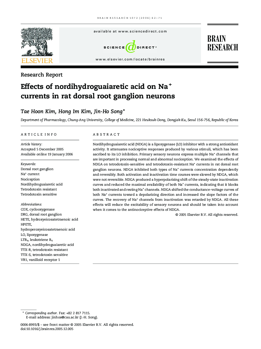 Effects of nordihydroguaiaretic acid on Na+ currents in rat dorsal root ganglion neurons