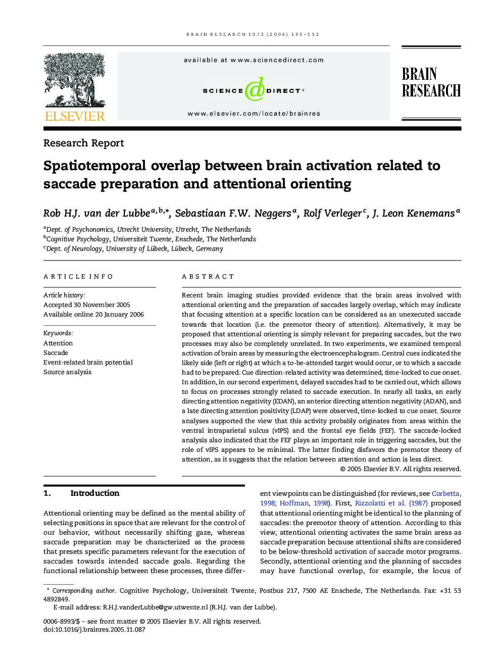 Spatiotemporal overlap between brain activation related to saccade preparation and attentional orienting