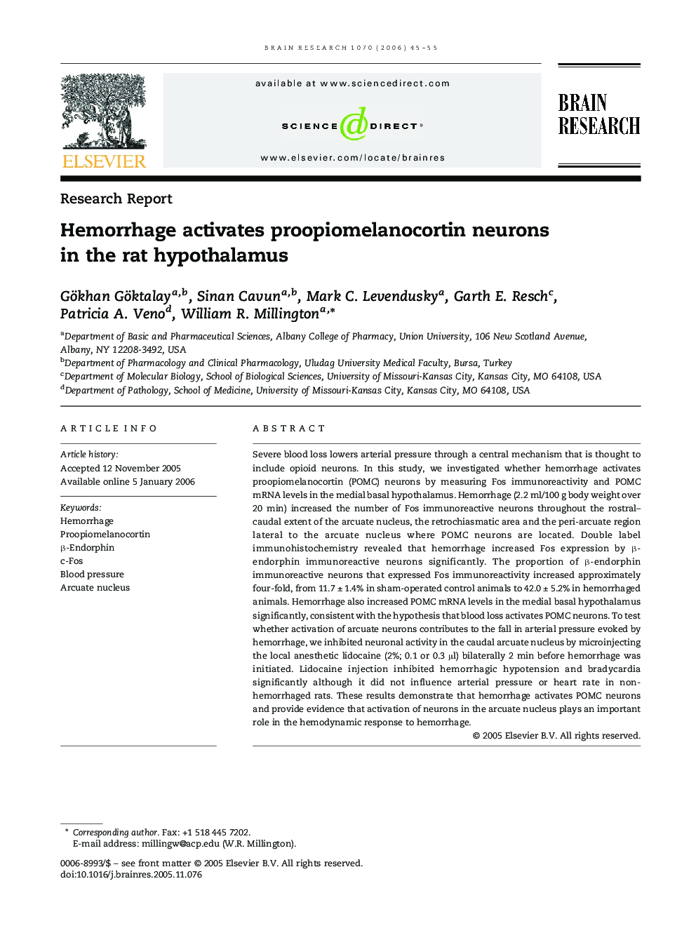 Hemorrhage activates proopiomelanocortin neurons in the rat hypothalamus