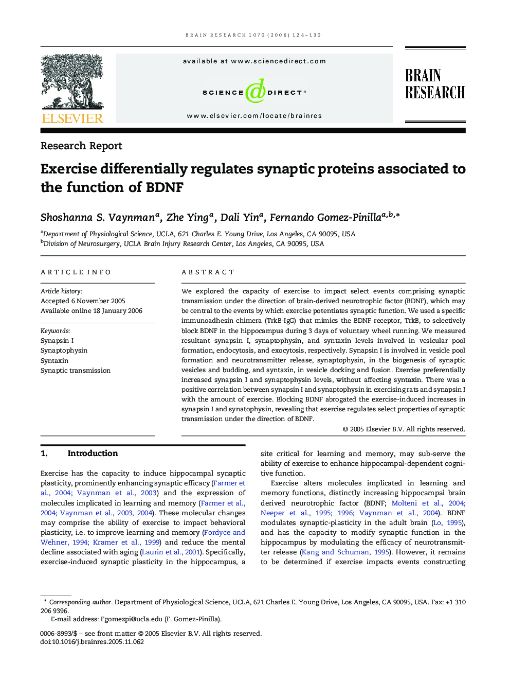 Exercise differentially regulates synaptic proteins associated to the function of BDNF