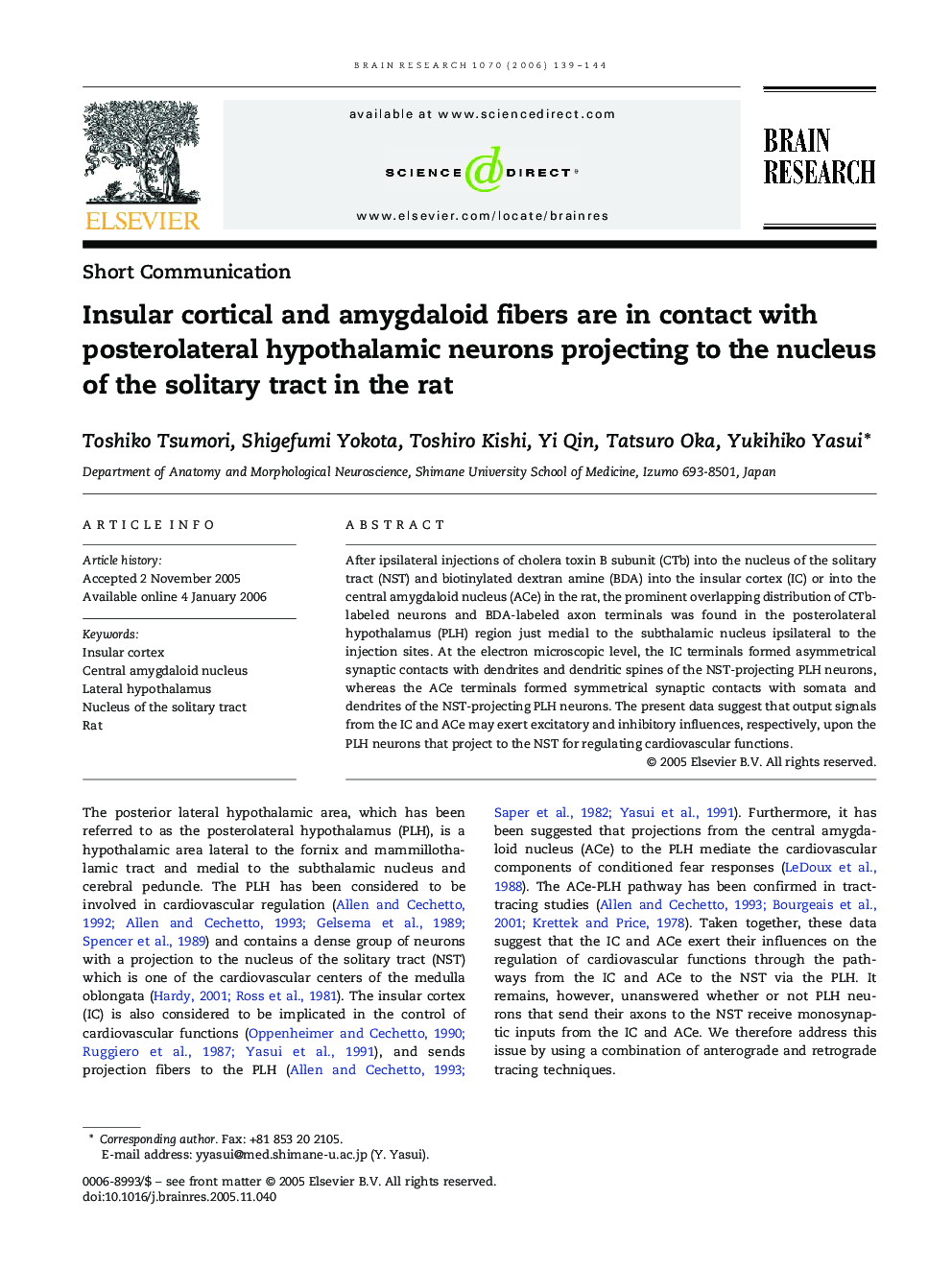 Insular cortical and amygdaloid fibers are in contact with posterolateral hypothalamic neurons projecting to the nucleus of the solitary tract in the rat