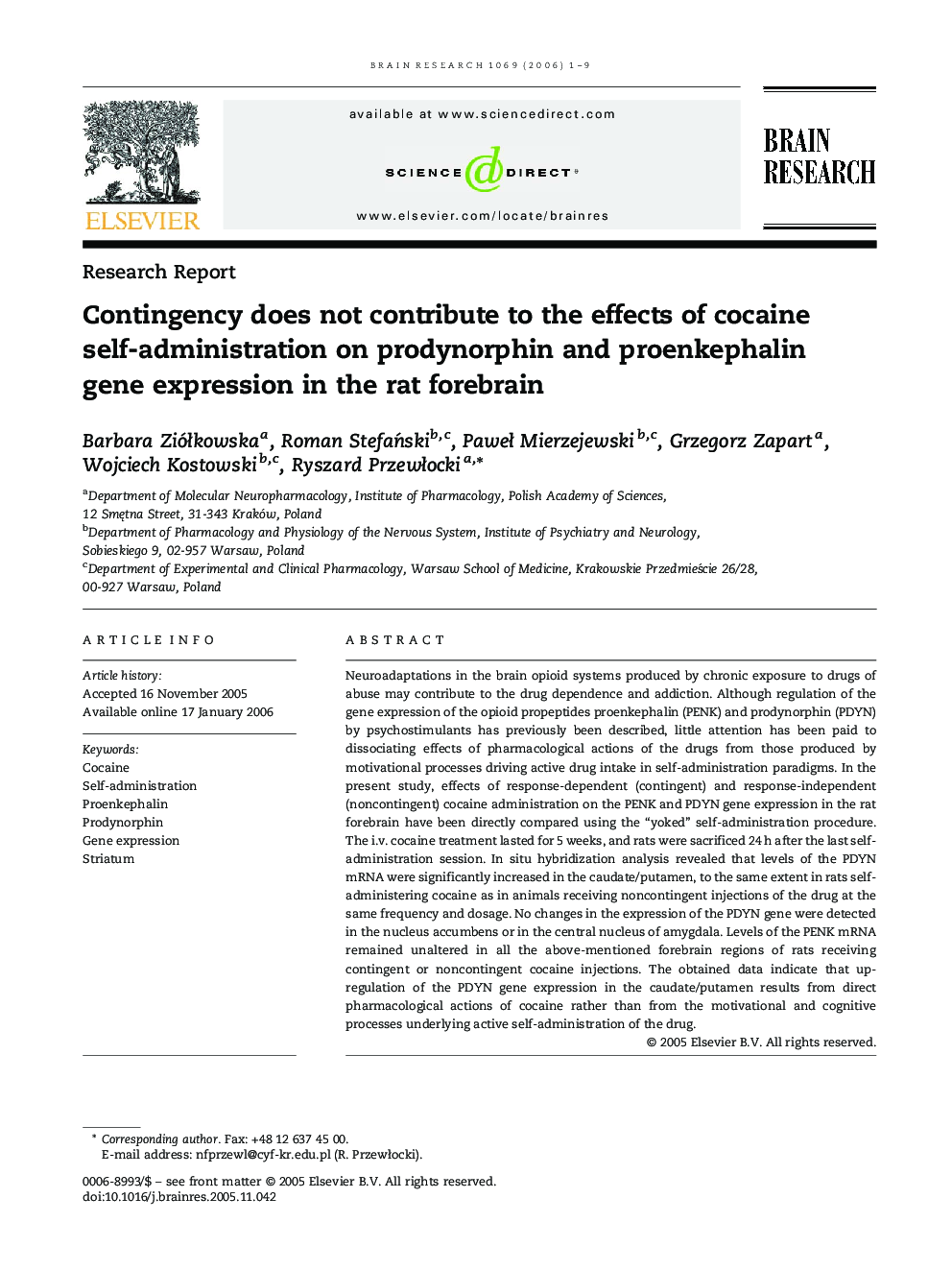 Contingency does not contribute to the effects of cocaine self-administration on prodynorphin and proenkephalin gene expression in the rat forebrain