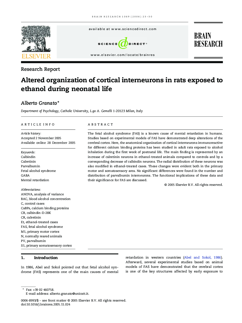 Altered organization of cortical interneurons in rats exposed to ethanol during neonatal life