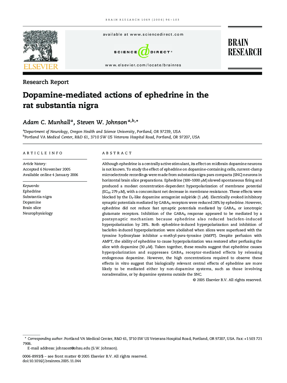 Dopamine-mediated actions of ephedrine in the rat substantia nigra