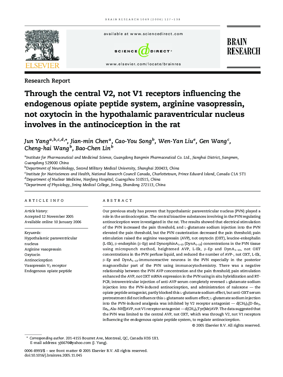 Through the central V2, not V1 receptors influencing the endogenous opiate peptide system, arginine vasopressin, not oxytocin in the hypothalamic paraventricular nucleus involves in the antinociception in the rat