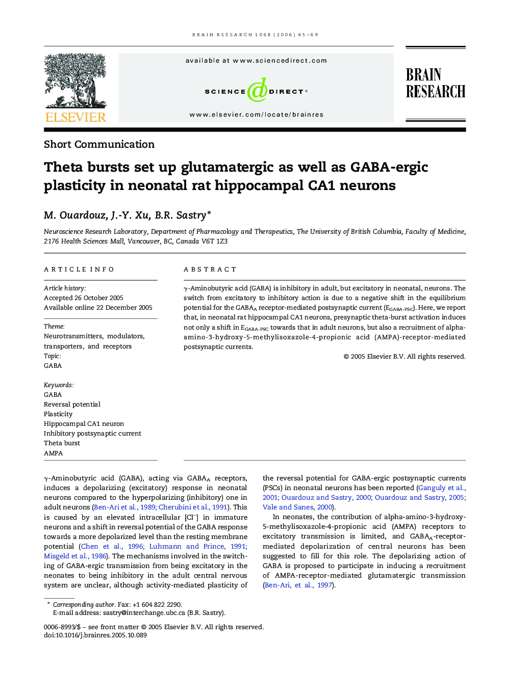 Theta bursts set up glutamatergic as well as GABA-ergic plasticity in neonatal rat hippocampal CA1 neurons