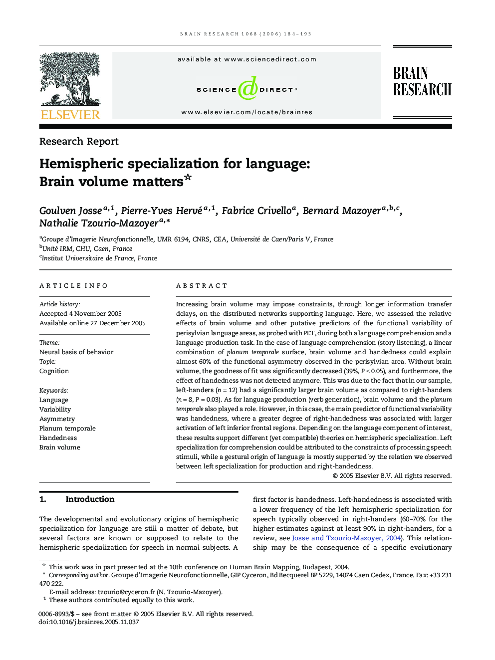 Hemispheric specialization for language: Brain volume matters 