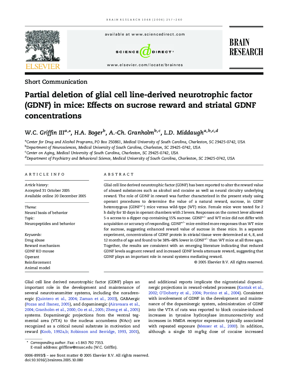 Partial deletion of glial cell line-derived neurotrophic factor (GDNF) in mice: Effects on sucrose reward and striatal GDNF concentrations