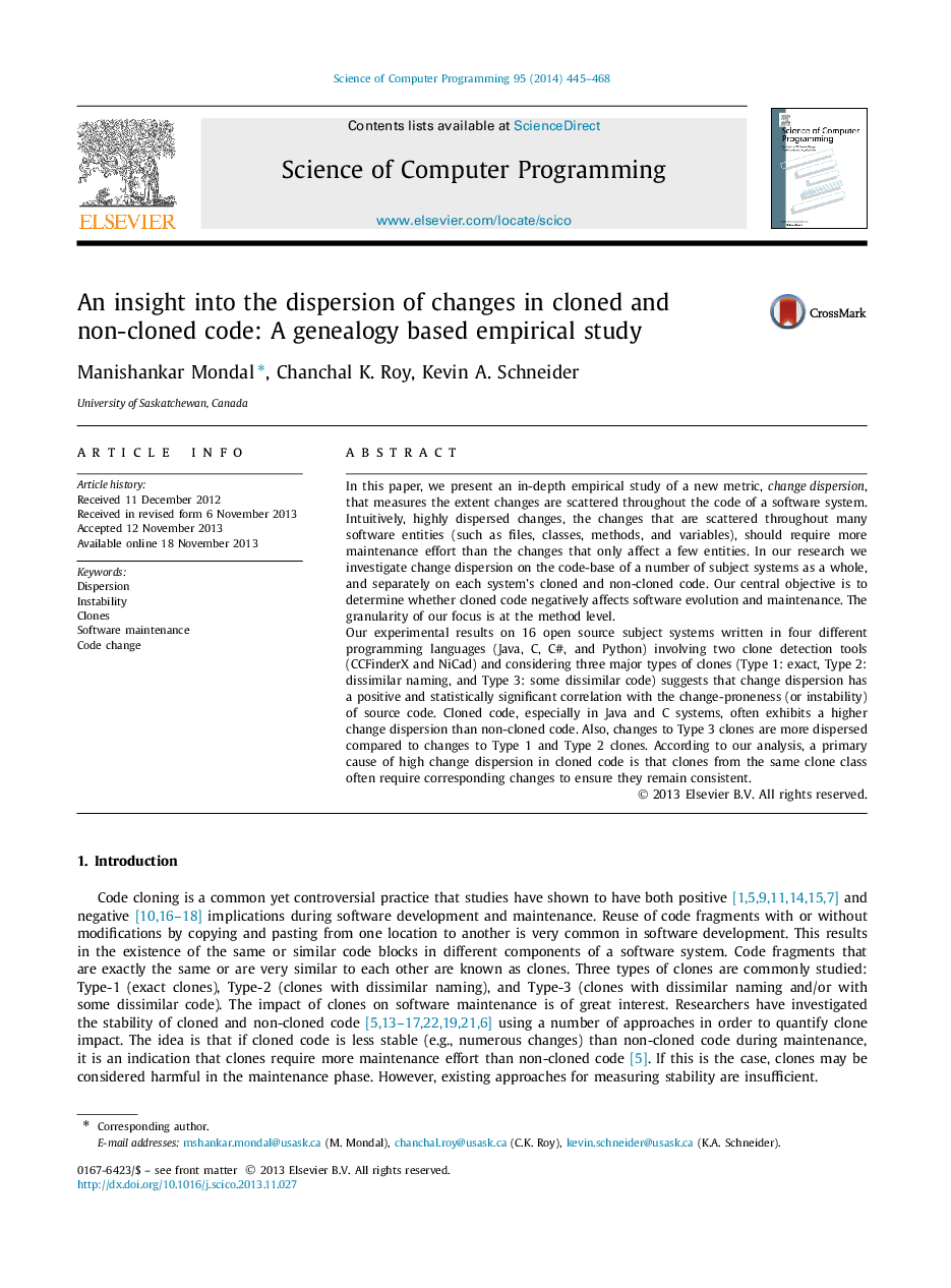 An insight into the dispersion of changes in cloned and non-cloned code: A genealogy based empirical study