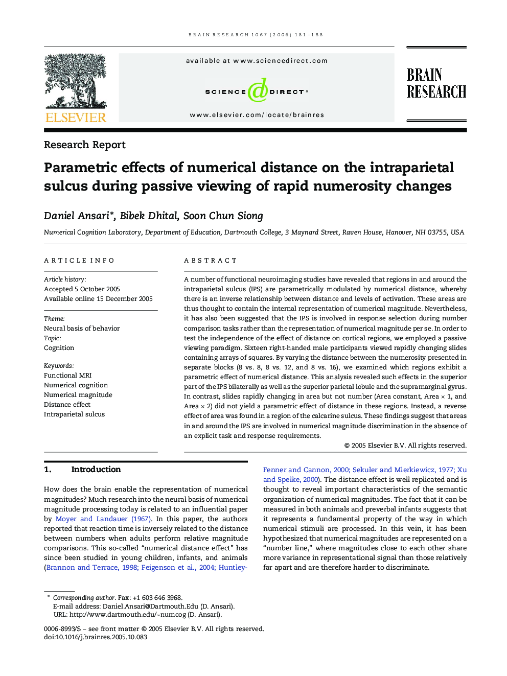 Parametric effects of numerical distance on the intraparietal sulcus during passive viewing of rapid numerosity changes