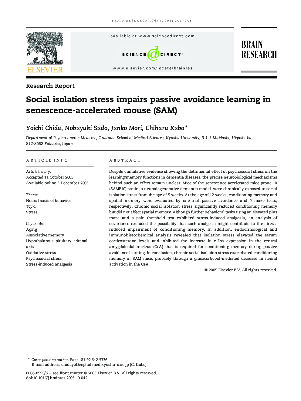 Social isolation stress impairs passive avoidance learning in senescence-accelerated mouse (SAM)