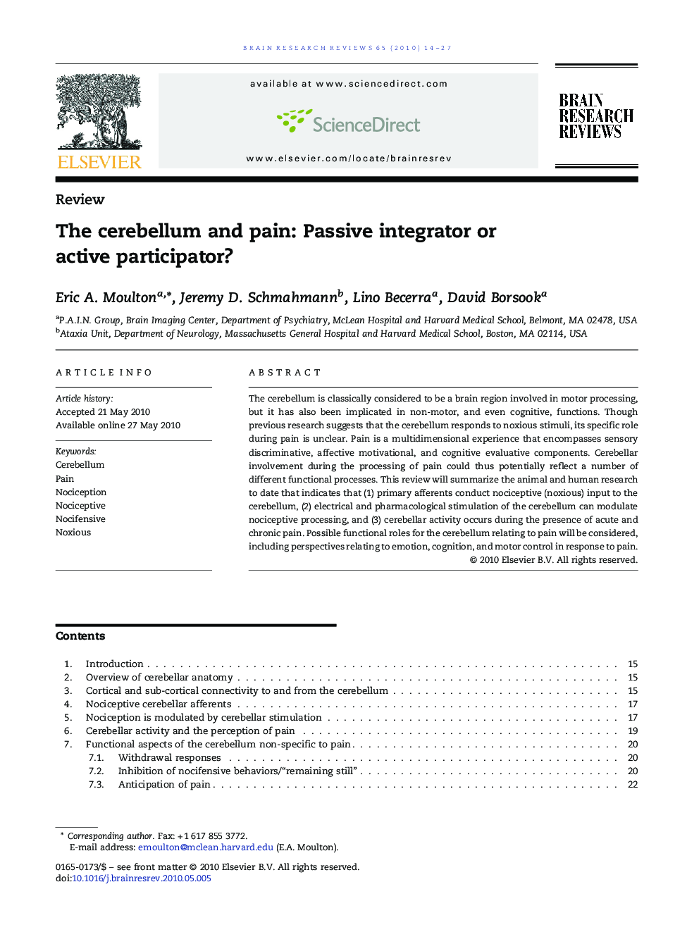 The cerebellum and pain: Passive integrator or active participator?