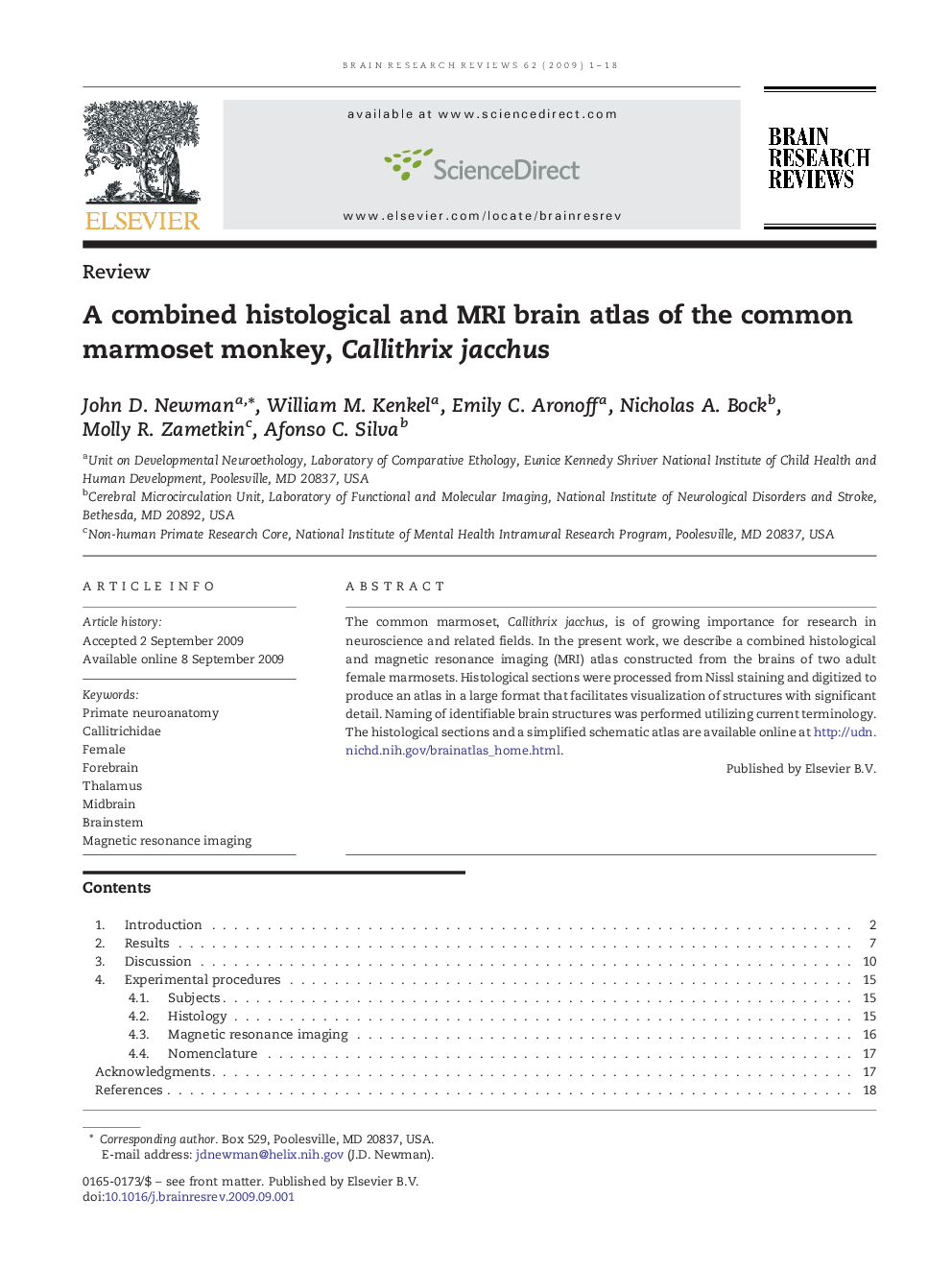 A combined histological and MRI brain atlas of the common marmoset monkey, Callithrix jacchus