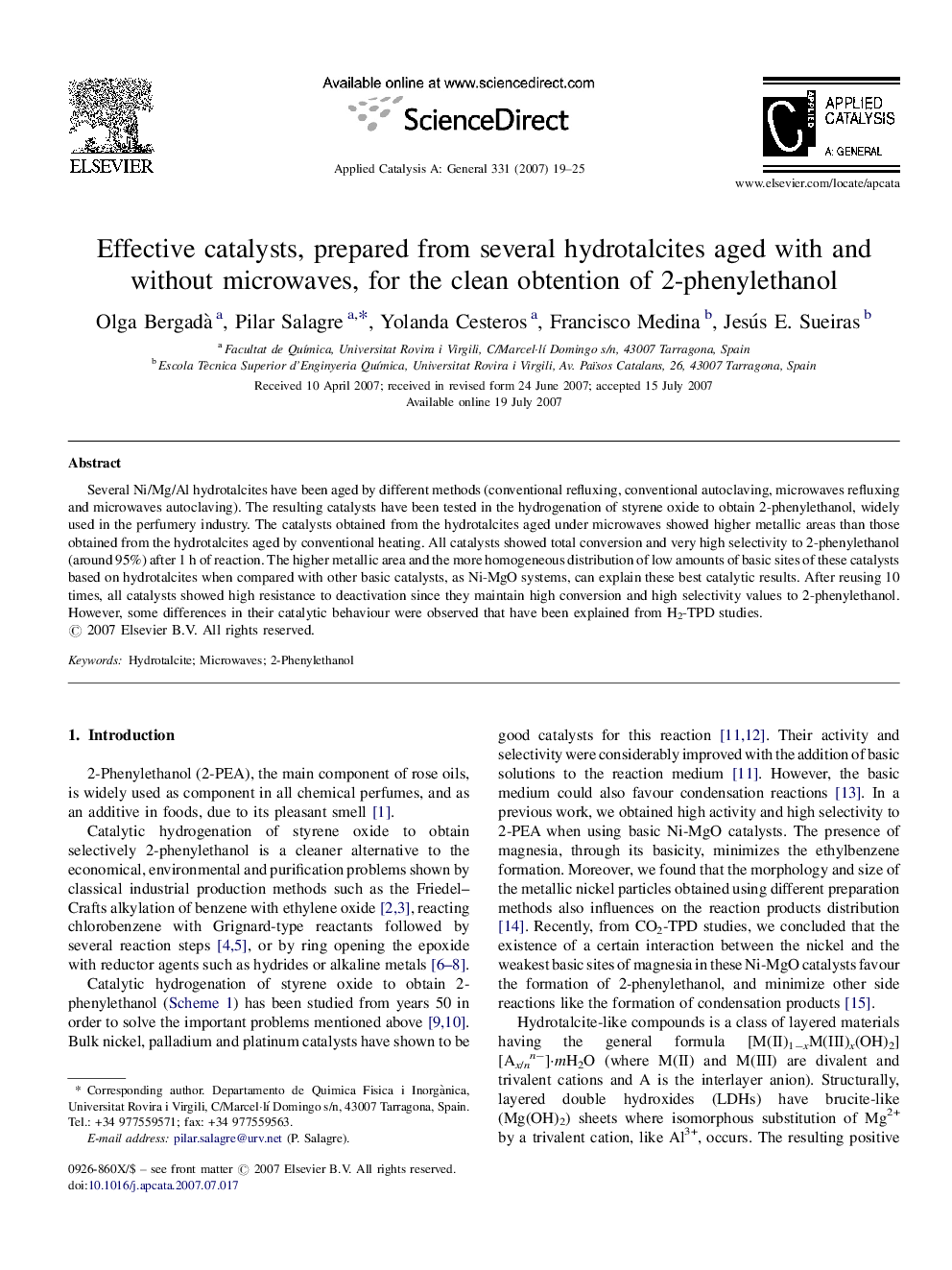 Effective catalysts, prepared from several hydrotalcites aged with and without microwaves, for the clean obtention of 2-phenylethanol