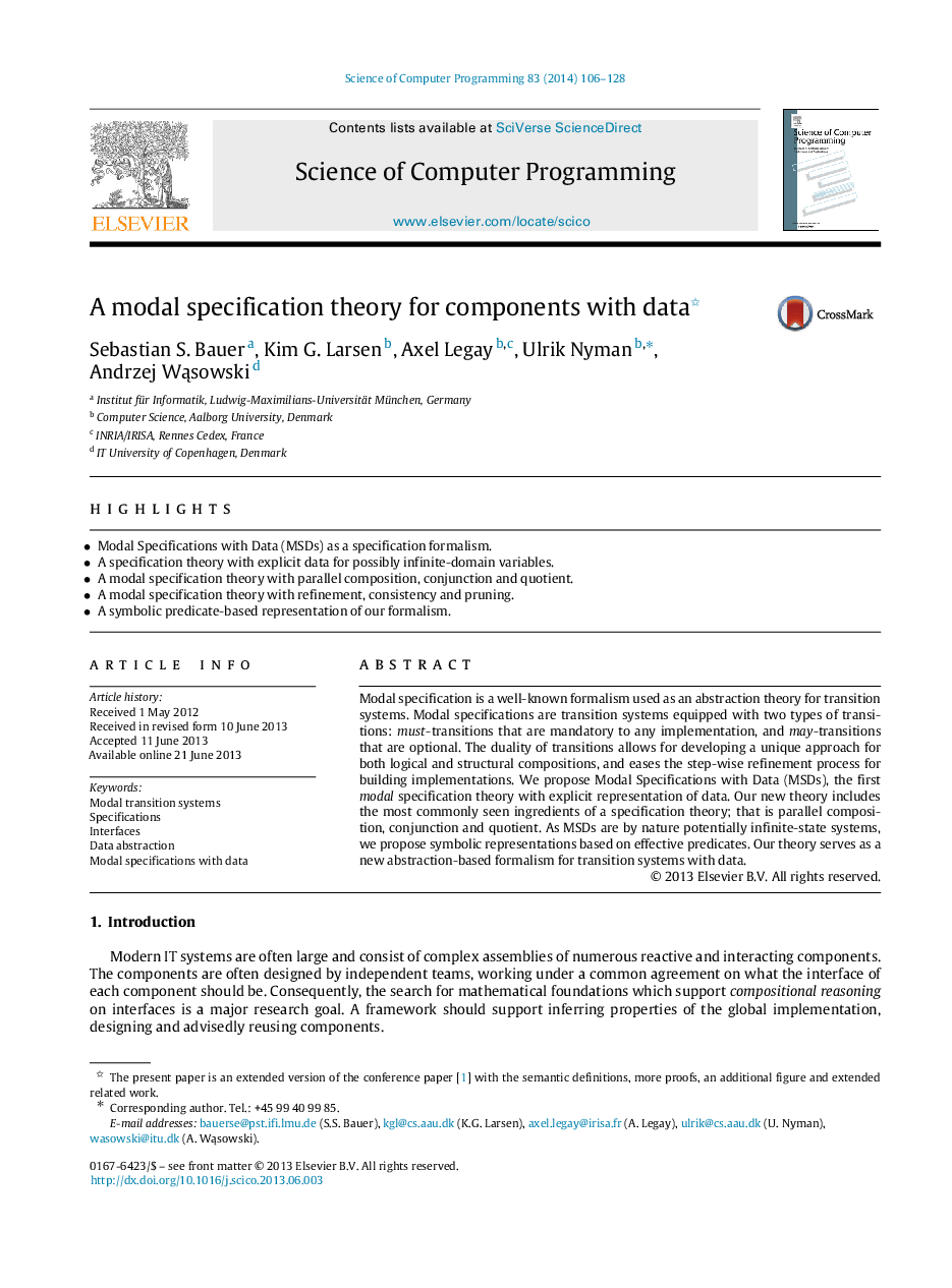 A modal specification theory for components with data 