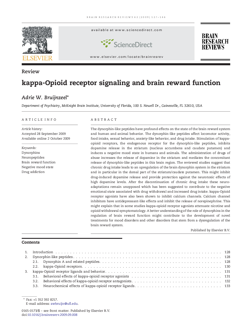 kappa-Opioid receptor signaling and brain reward function